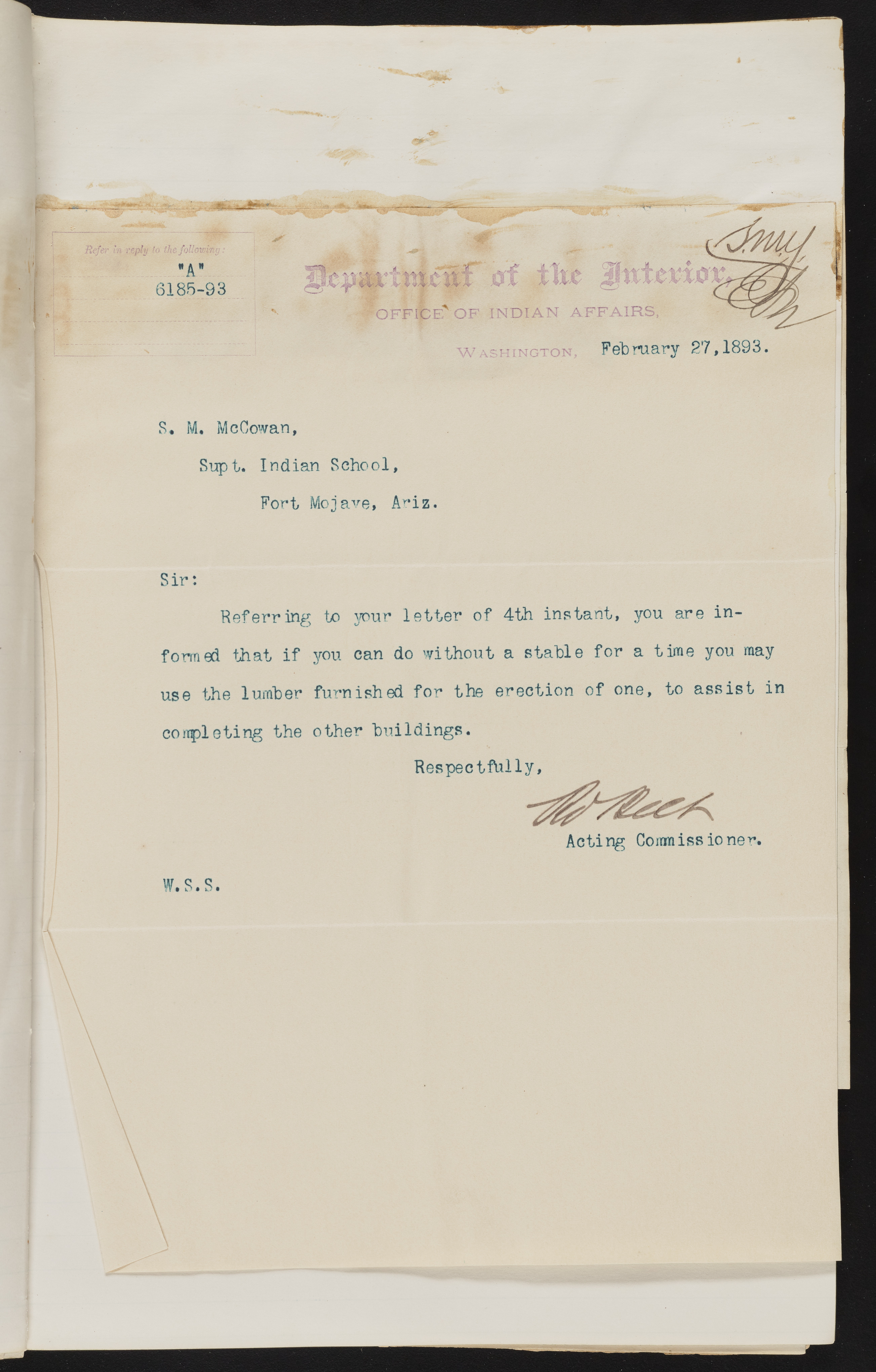 Fort Mojave Industrial School correspondence and a blueprint design of the Fort Mojave Pump Station, Washington (D.C.), 1891-1893, snv002595-82