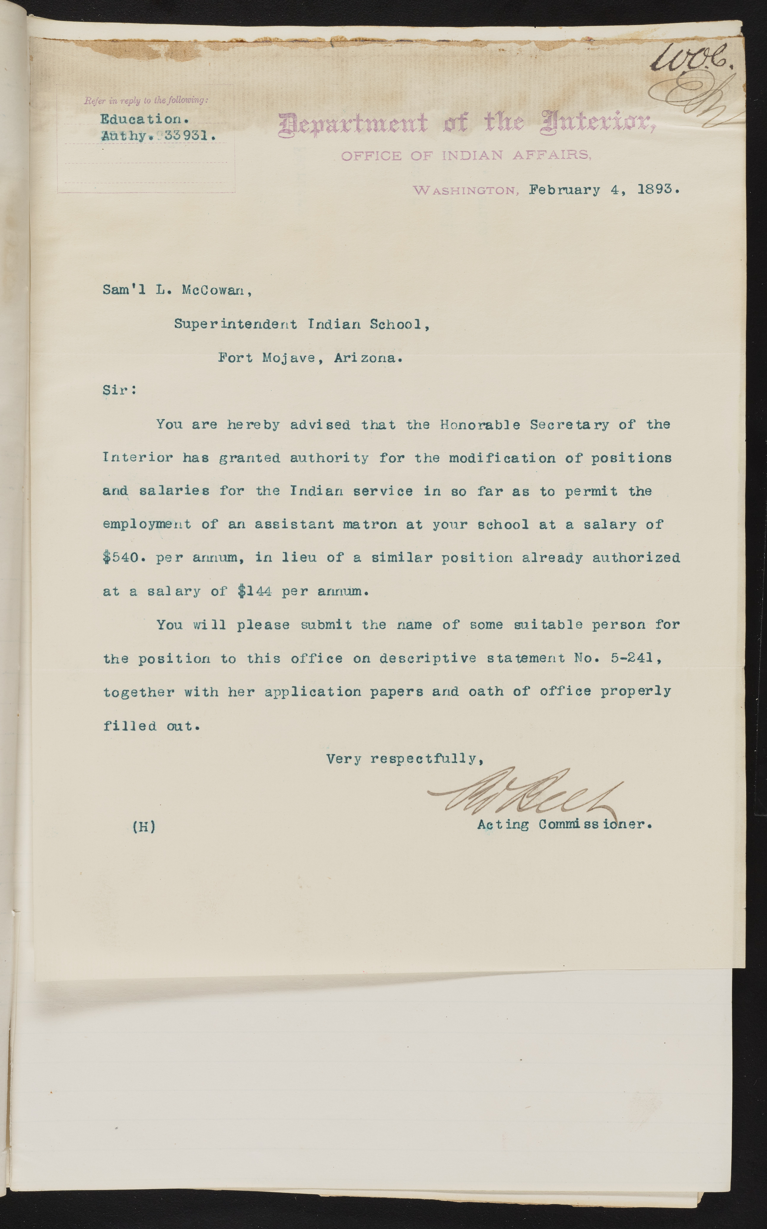 Fort Mojave Industrial School correspondence and a blueprint design of the Fort Mojave Pump Station, Washington (D.C.), 1891-1893, snv002595-83