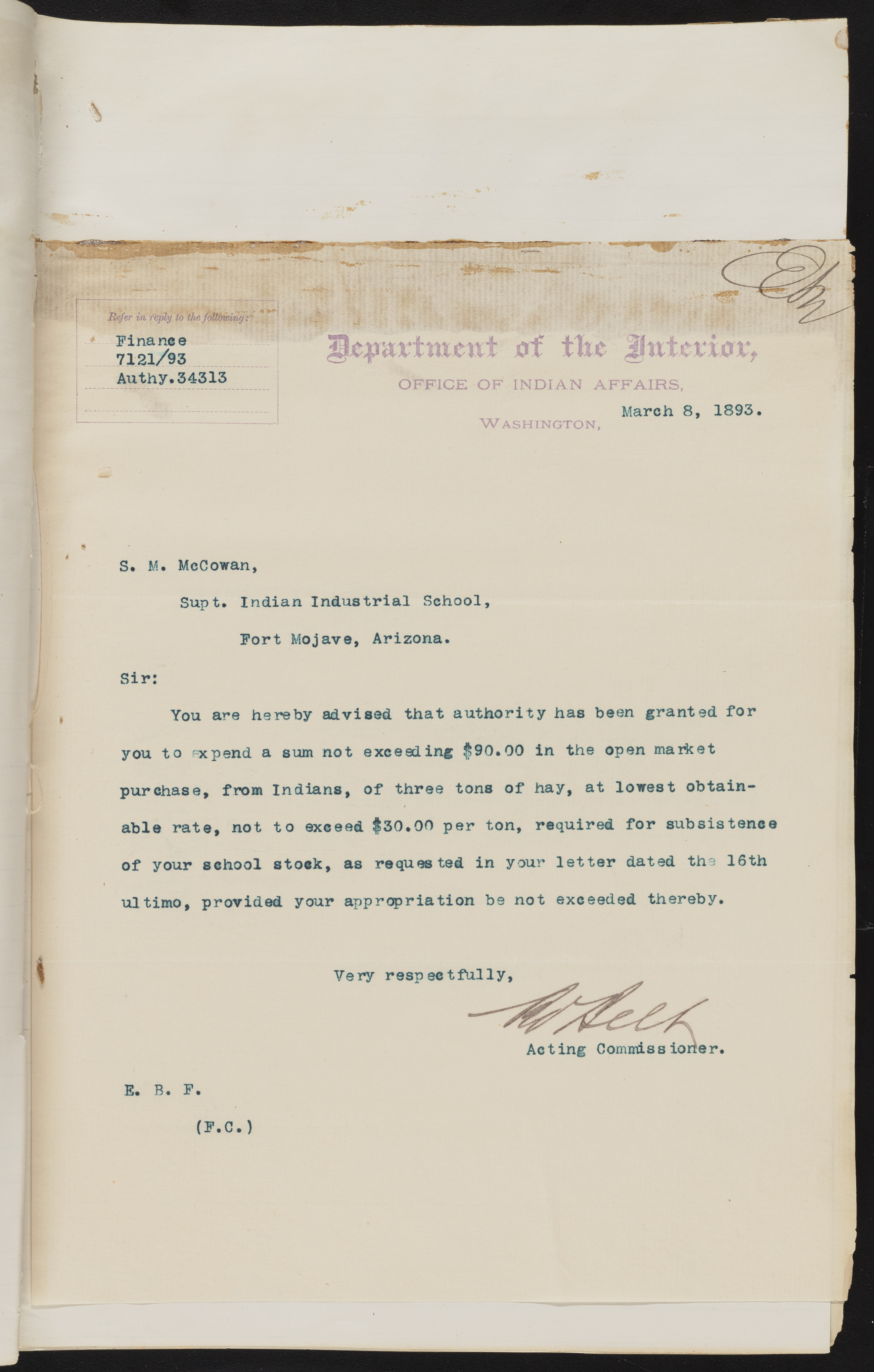 Fort Mojave Industrial School correspondence and a blueprint design of the Fort Mojave Pump Station, Washington (D.C.), 1891-1893, snv002595-84