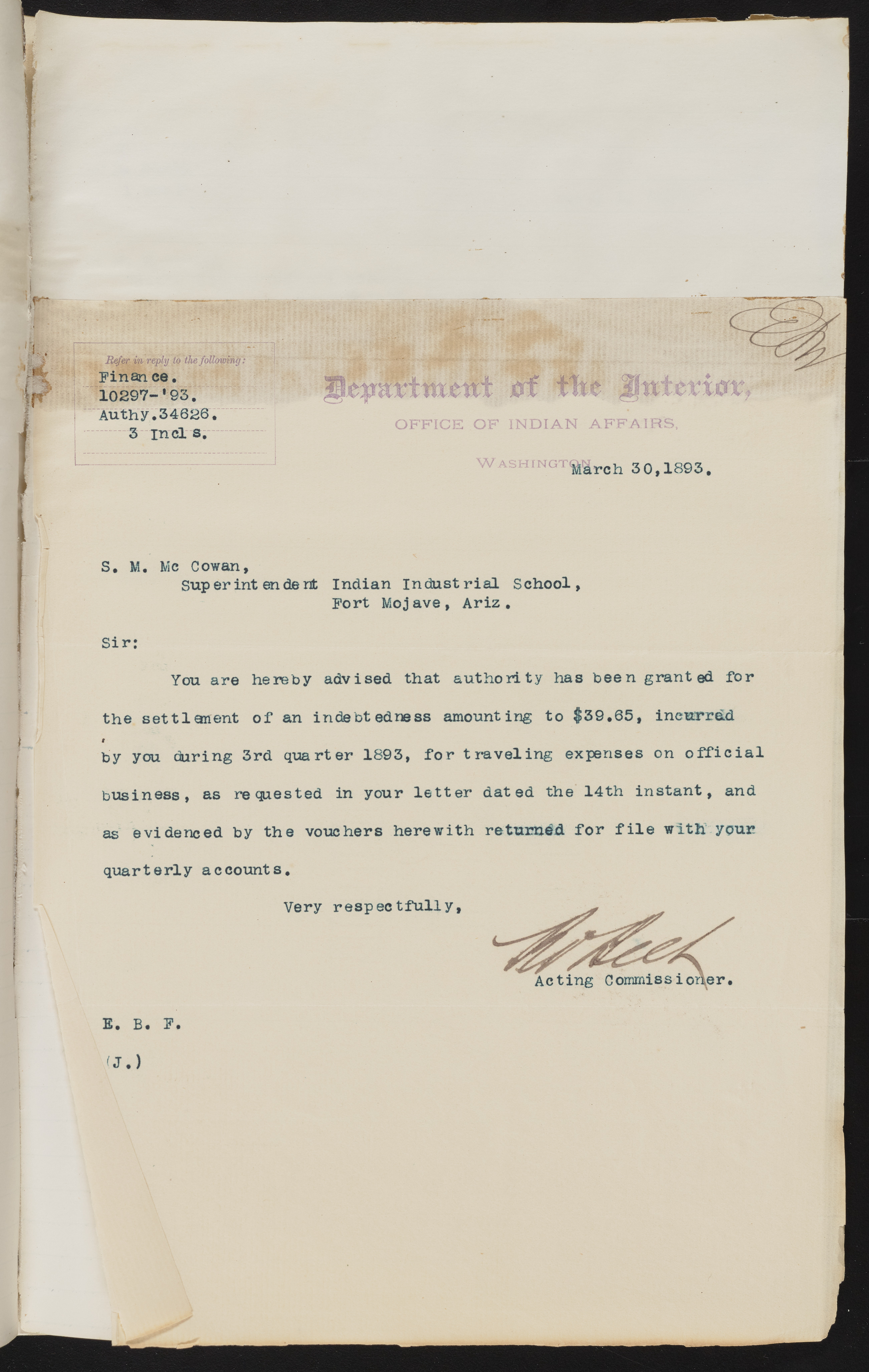 Fort Mojave Industrial School correspondence and a blueprint design of the Fort Mojave Pump Station, Washington (D.C.), 1891-1893, snv002595-85