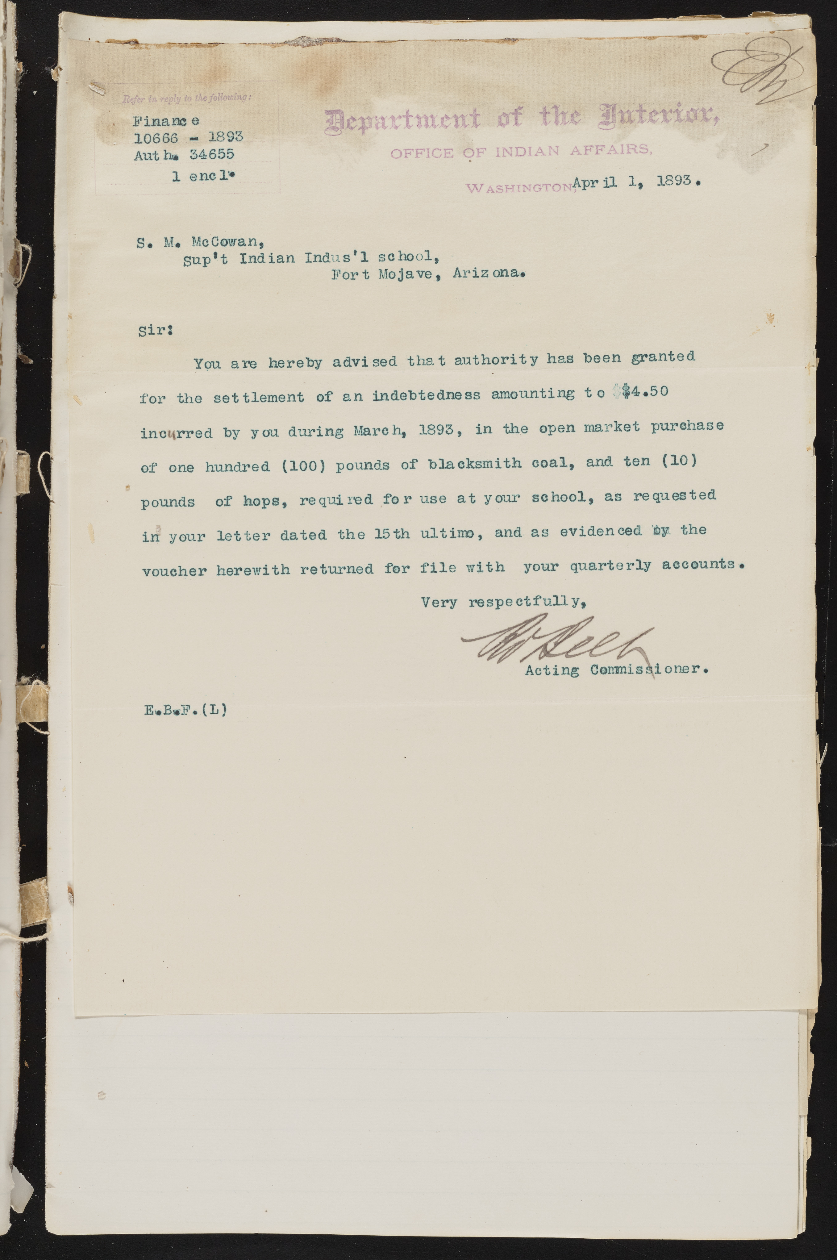 Fort Mojave Industrial School correspondence and a blueprint design of the Fort Mojave Pump Station, Washington (D.C.), 1891-1893, snv002595-86