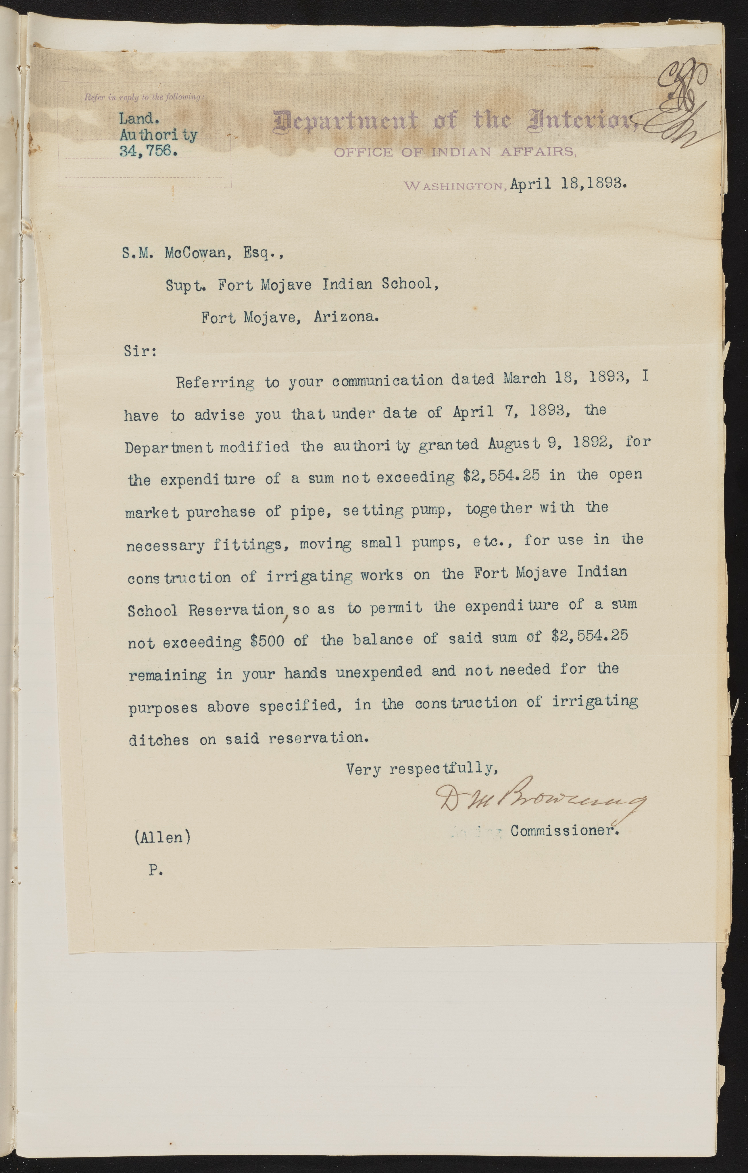 Fort Mojave Industrial School correspondence and a blueprint design of the Fort Mojave Pump Station, Washington (D.C.), 1891-1893, snv002595-90