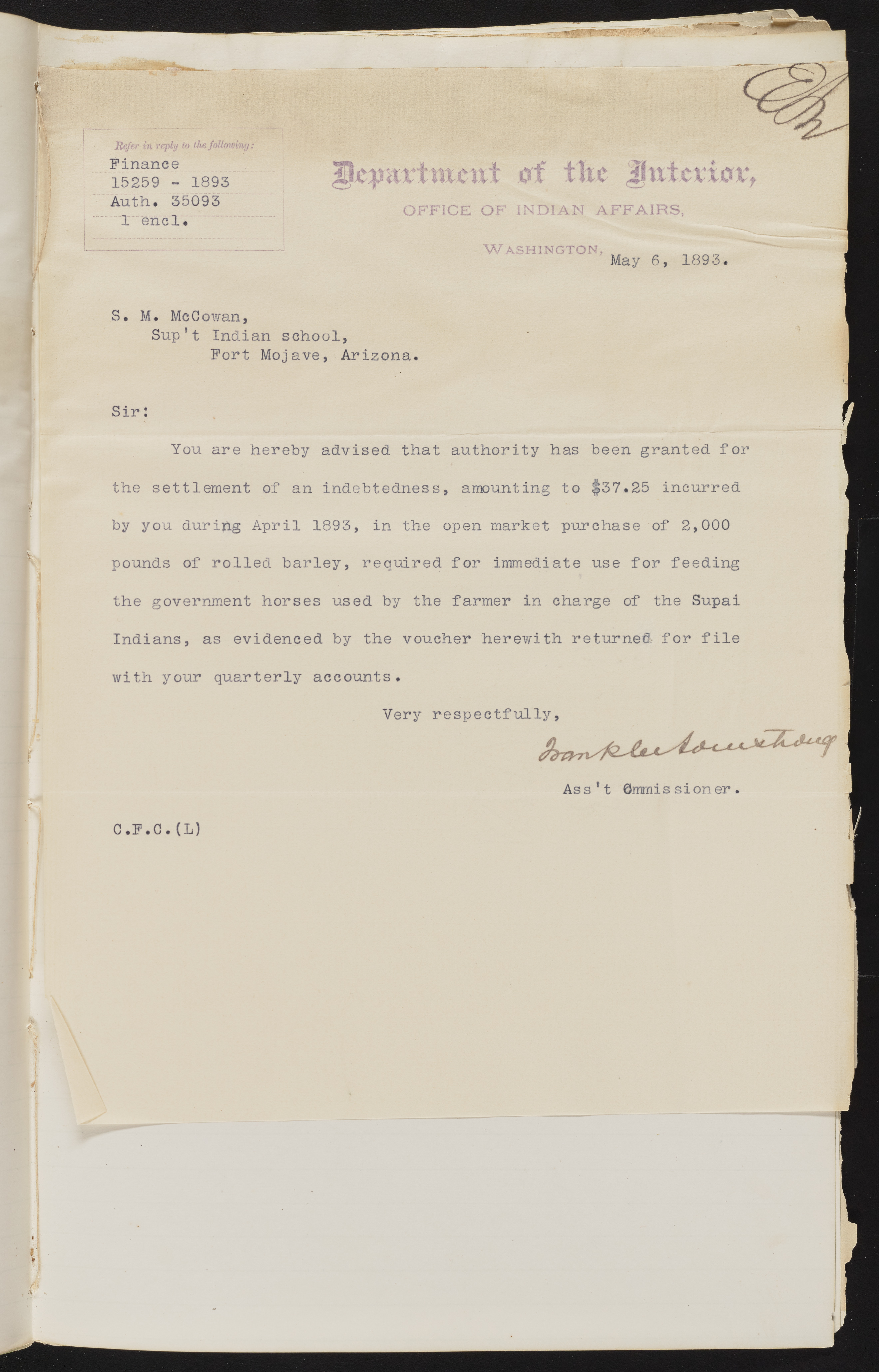 Fort Mojave Industrial School correspondence and a blueprint design of the Fort Mojave Pump Station, Washington (D.C.), 1891-1893, snv002595-92