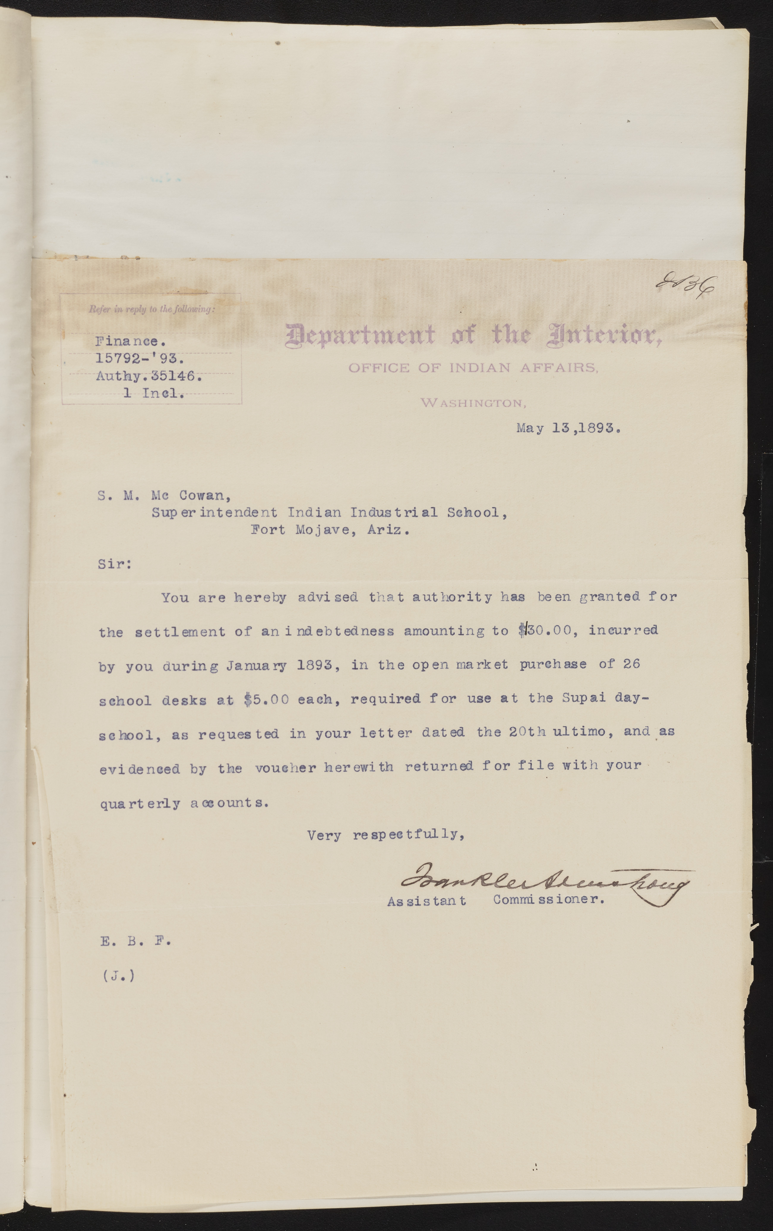 Fort Mojave Industrial School correspondence and a blueprint design of the Fort Mojave Pump Station, Washington (D.C.), 1891-1893, snv002595-94