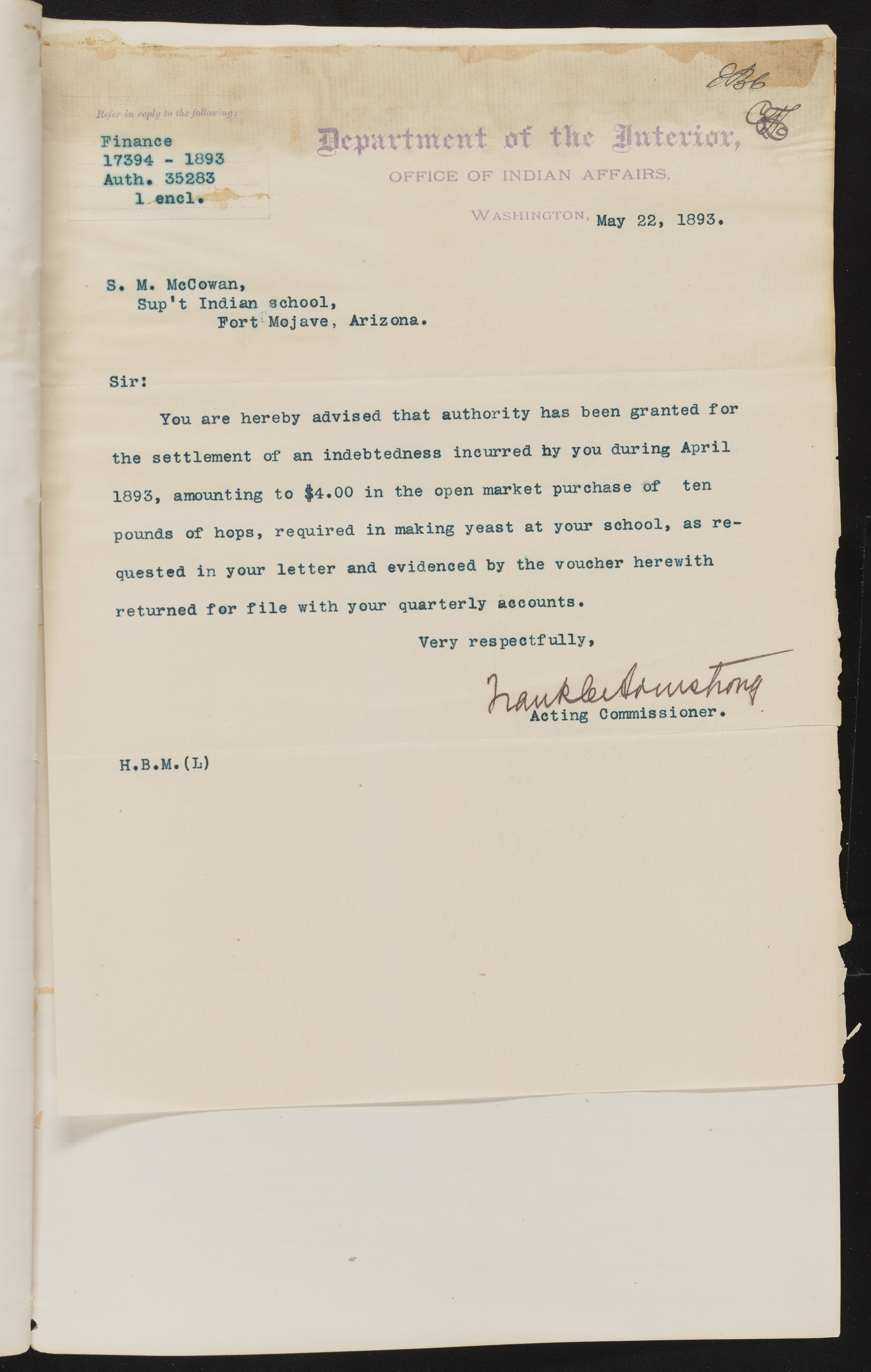 Fort Mojave Industrial School correspondence and a blueprint design of the Fort Mojave Pump Station, Washington (D.C.), 1891-1893, snv002595-95