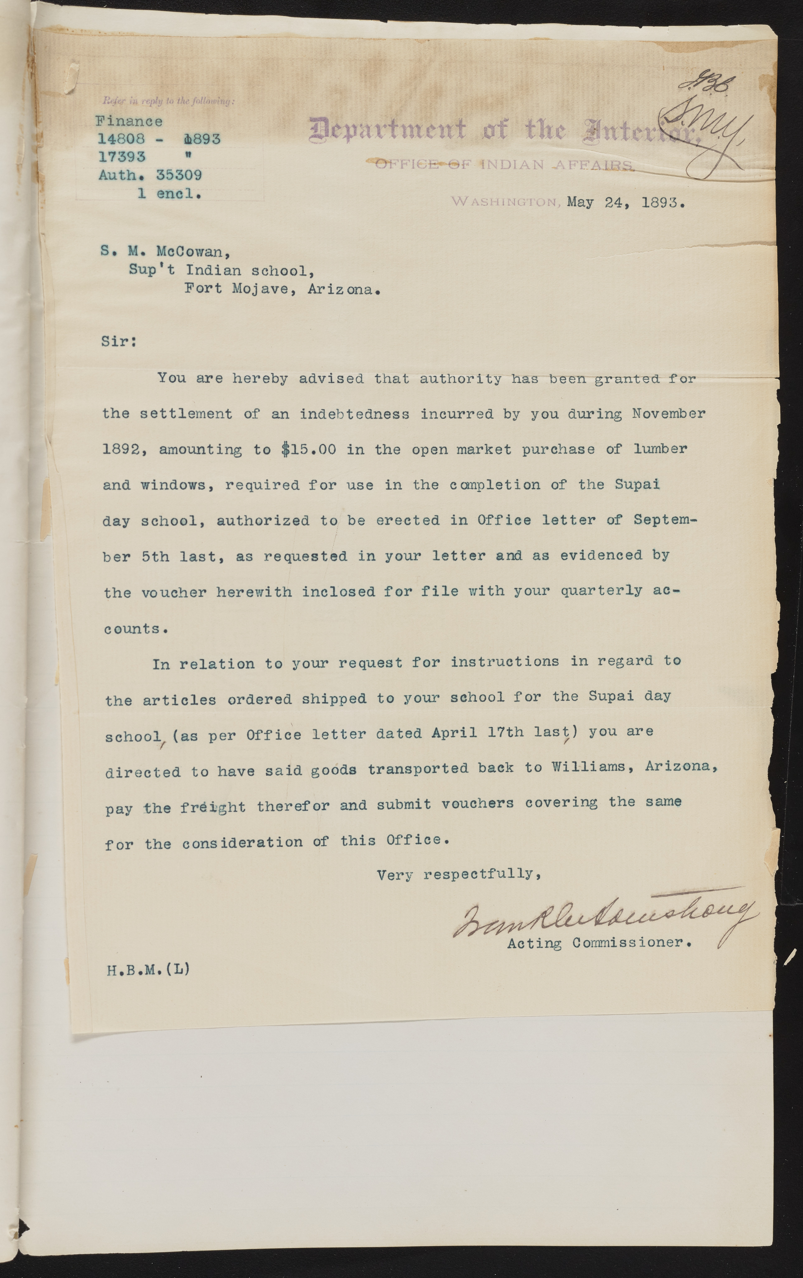 Fort Mojave Industrial School correspondence and a blueprint design of the Fort Mojave Pump Station, Washington (D.C.), 1891-1893, snv002595-96