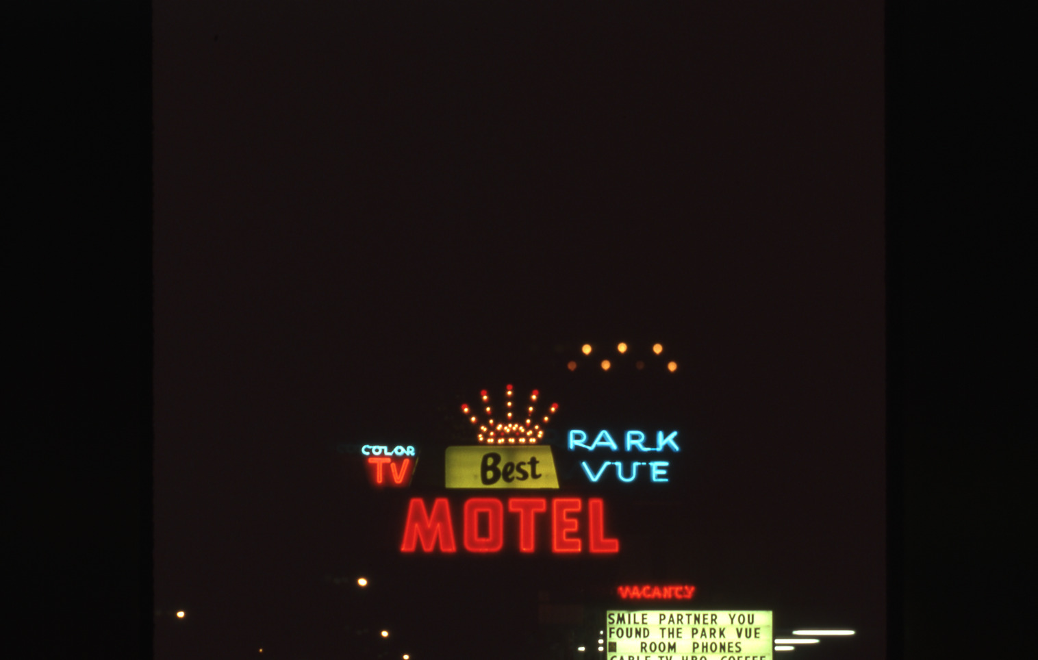 Park Vue Motel flag mounted pylon and marquee sign, Ely, Nevada: photographic print
