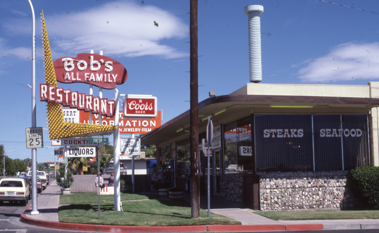 Bob's All Family Restaurant flag mounted pylon sign, Boulder City, Nevada: photographic print