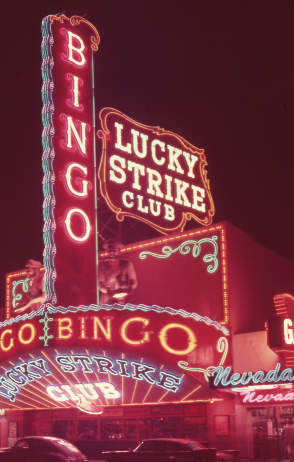 Lucky Strike Club flag mounted wall sign, lettering, and roof mounted signs, Las Vegas, Nevada: photographic print
