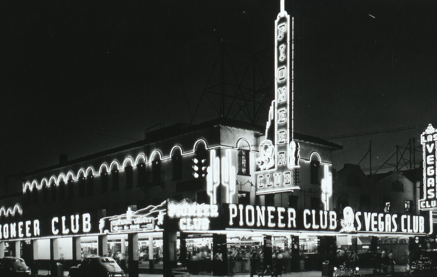 Pioneer flag mounted, lettering, and wall signs and Las Vegas Club flag mount, lettering, and wall signs, Las Vegas, Nevada: photographic print