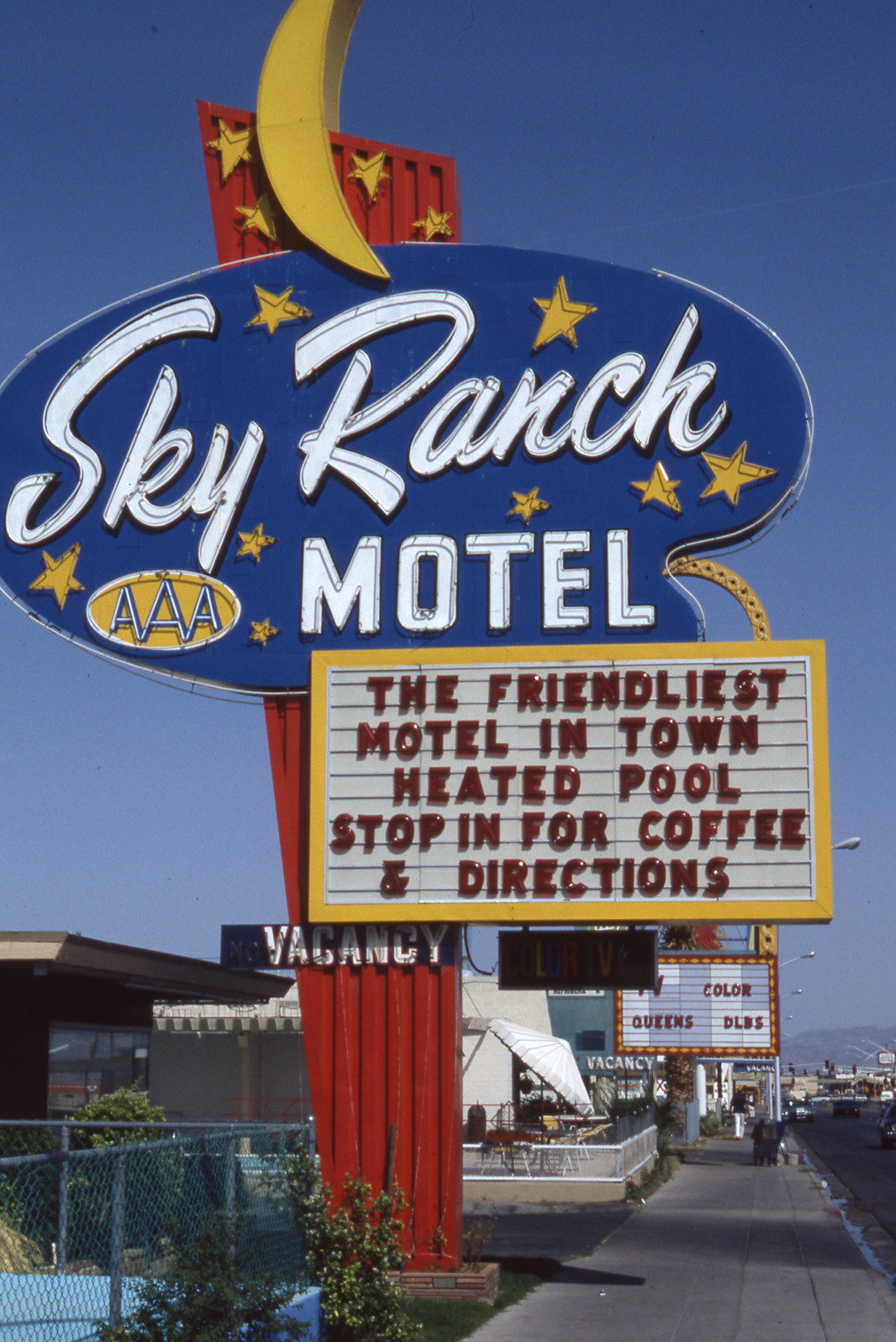 Sky Ranch Motel flag mounted pylon and marquee signs, Las Vegas, Nevada: photographic print