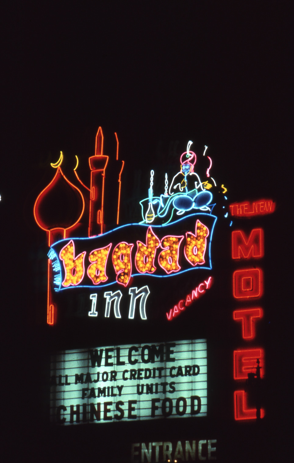 Bagdad Inn Motel double mounted pylon and marquee signs, Las Vegas, Nevada: photographic print
