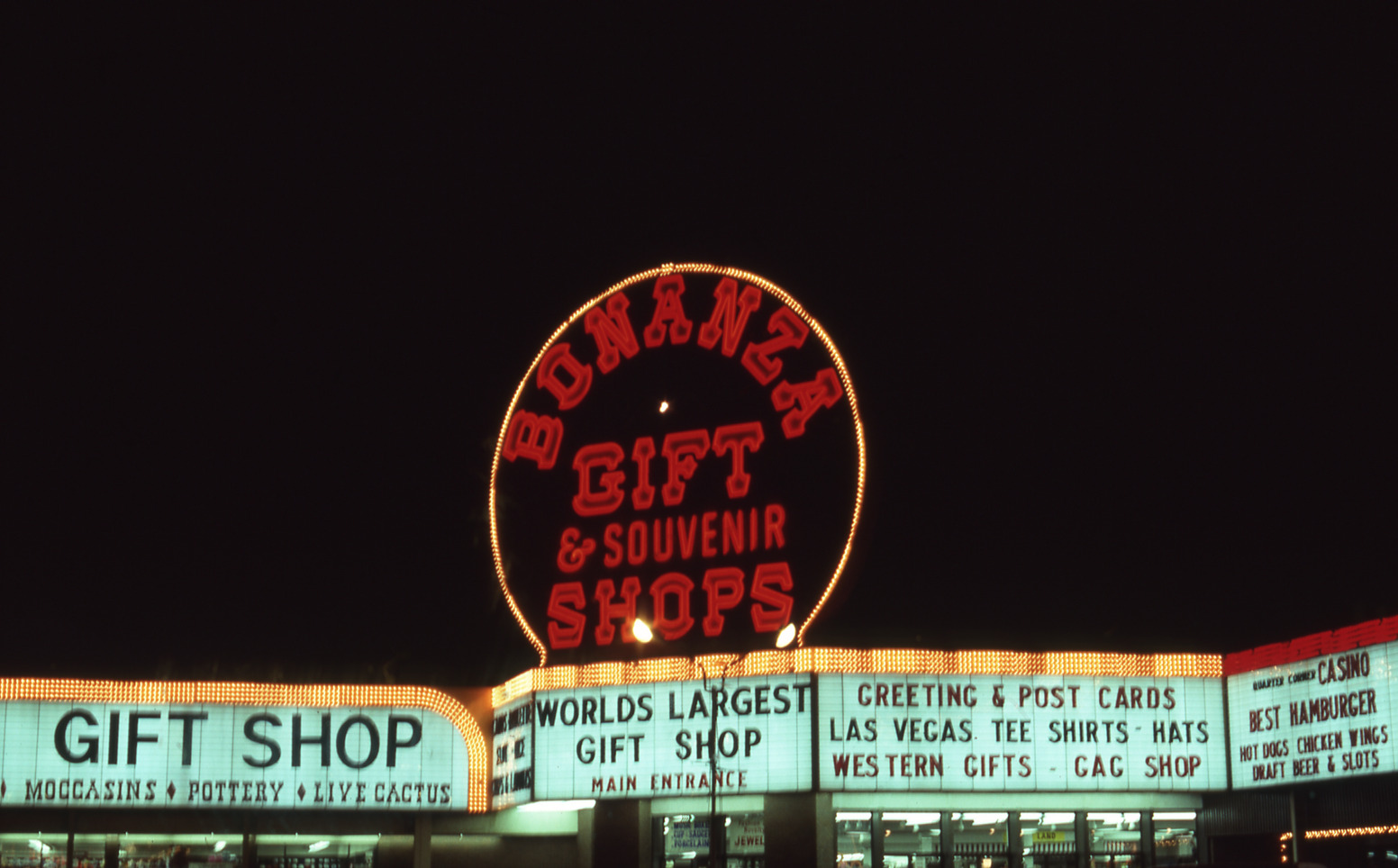 Bonanza Gift Shop marquee, roof mounted, and wall signs, Las Vegas, Nevada: photographic print