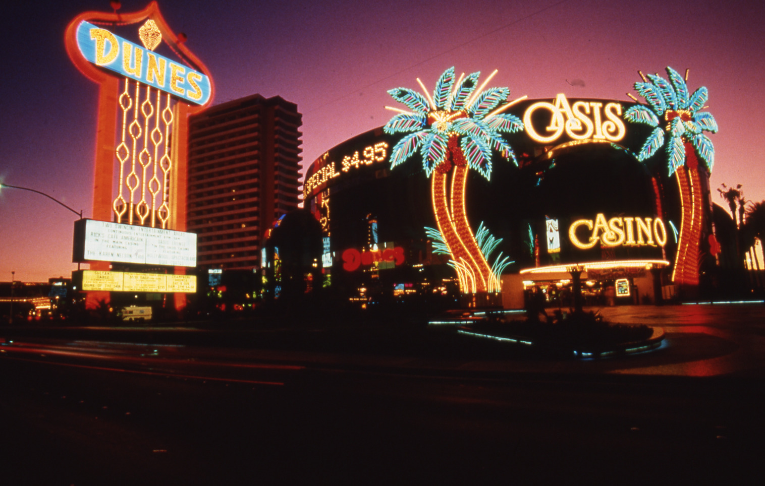 The Dunes Oasis Hotel & Casino double mounted pylon, lettering, marquee, and wall signs, Las Vegas, Nevada: photographic print