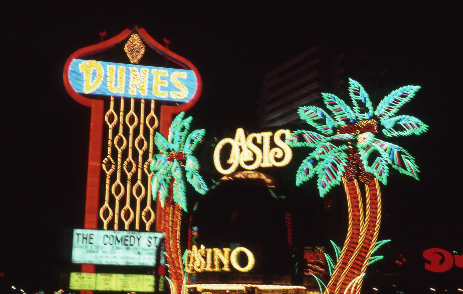The Dunes Oasis Hotel & Casino double mounted pylon, lettering, marquee, and wall signs, Las Vegas, Nevada: photographic print