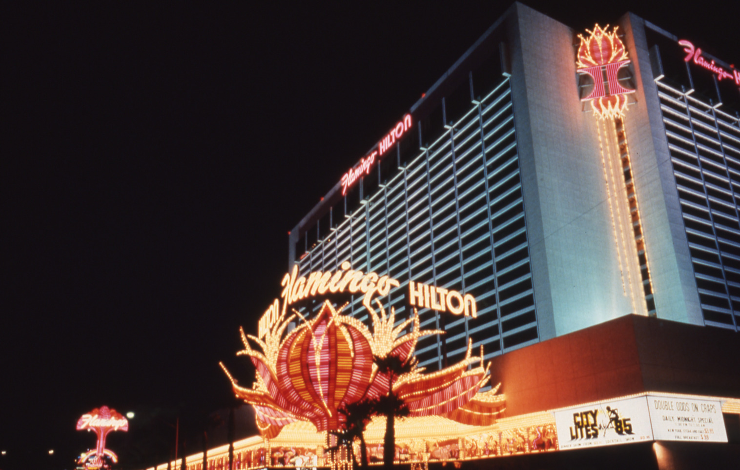 The Flamingo Hilton Hotel & Casino lettering, marquee, roof mounted, and wall signs, Las Vegas, Nevada: photographic print
