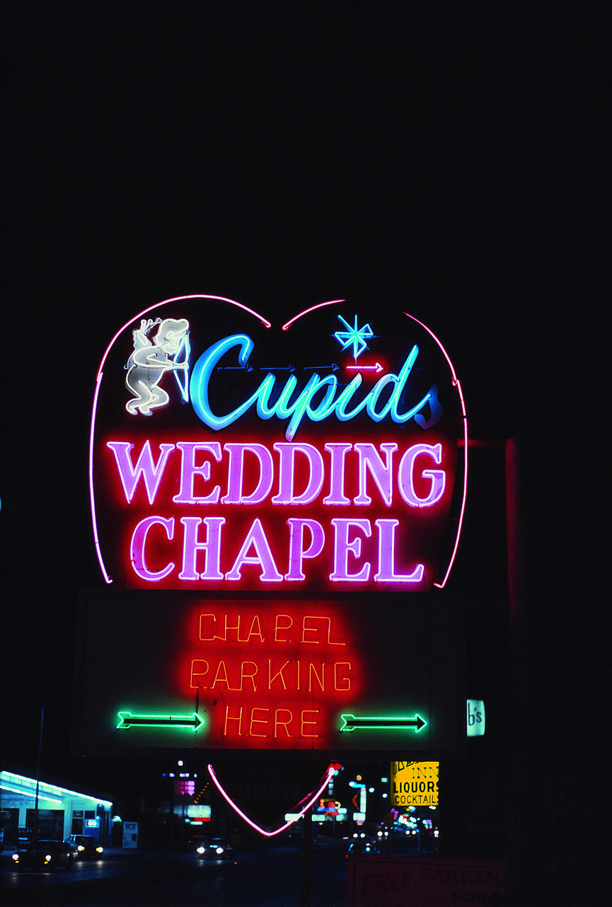 Cupid's Wedding Chapel flag mounted pylon sign, Las Vegas, Nevada