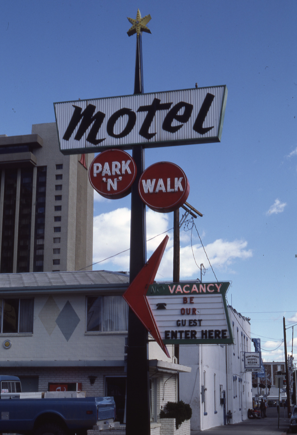 Park 'N' Walk Motel mounted marquee sign, Reno, Nevada: photographic print
