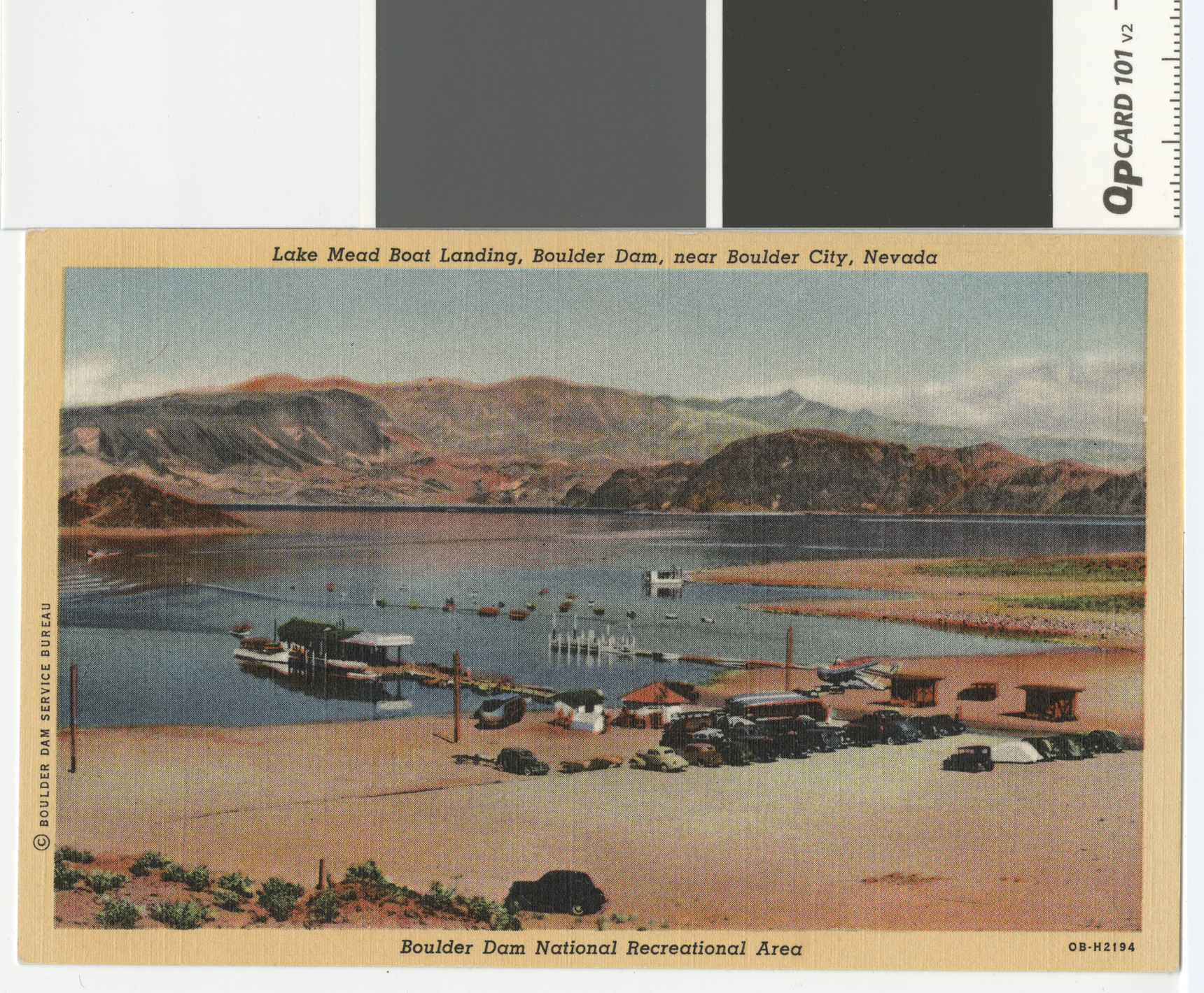 Postcard showing the Lake Mead boat landing at the Boulder Dam National Recreation Area, circa 1940