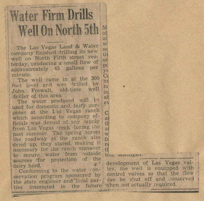 Newspaper clippings, Water firm drills well on North 5th, Las Vegas Review-Journal, circa October 1939