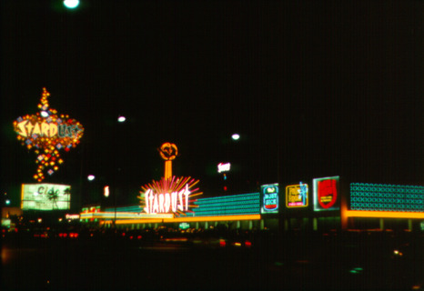 Photograph of the front exterior of the Stardust Hotel and Casino at night (Las Vegas), 1969