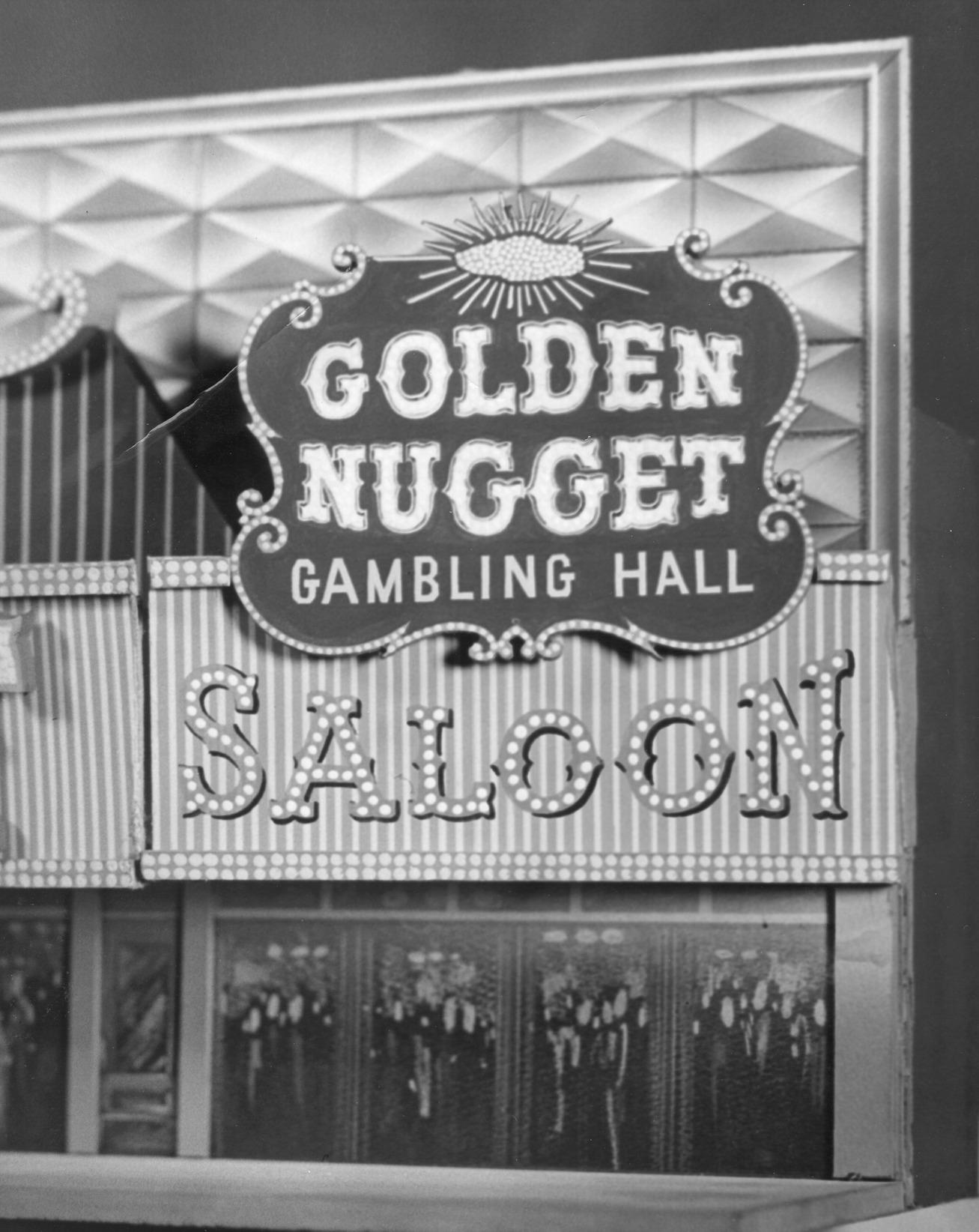 Photograph of a scale model detail of a saloon entrance to the Golden Nugget Gambling Hall (Las Vegas), 1958