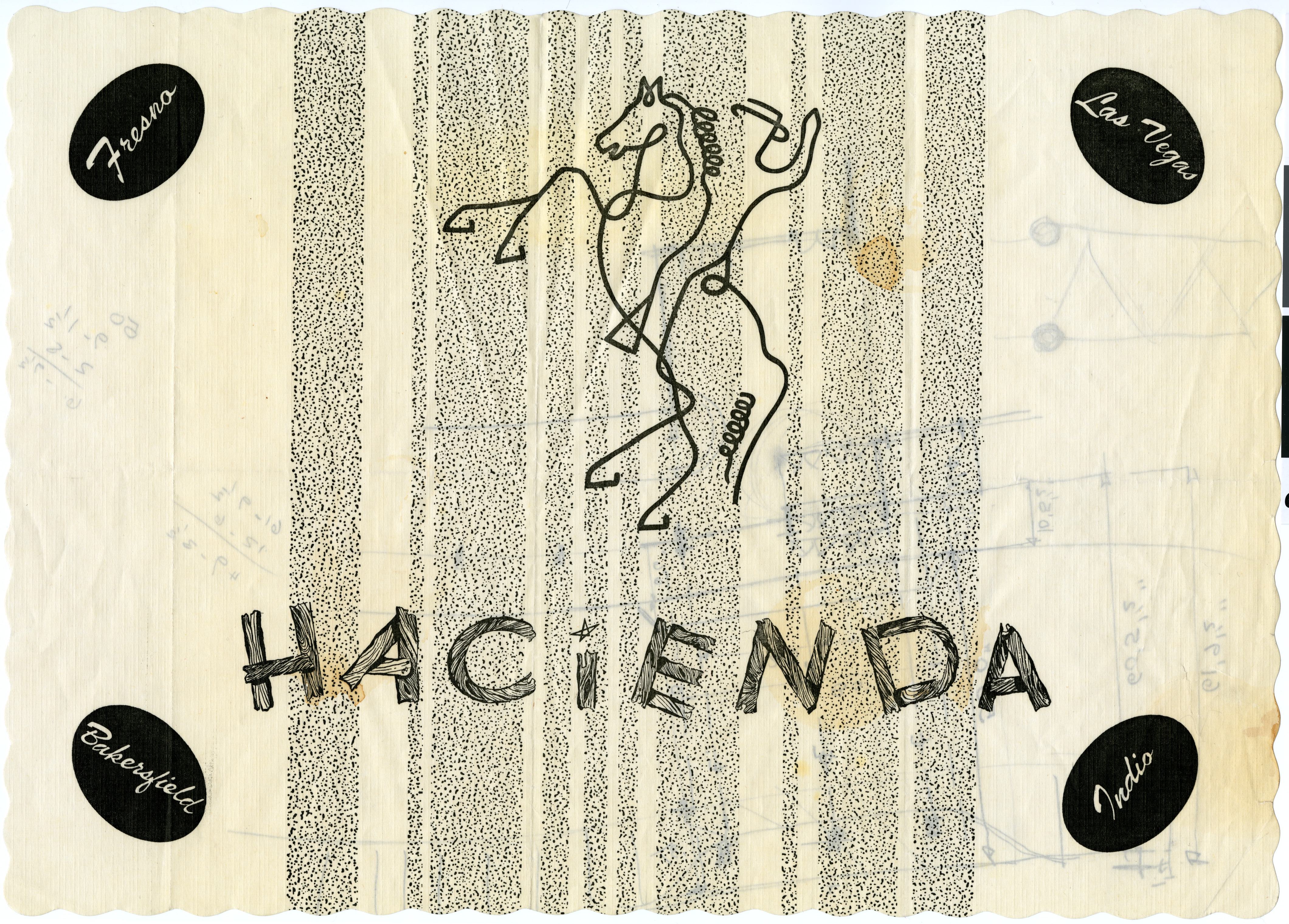 Architectural drawing of the Hacienda (Las Vegas), placemat with rough sketches, after 1956, image 2