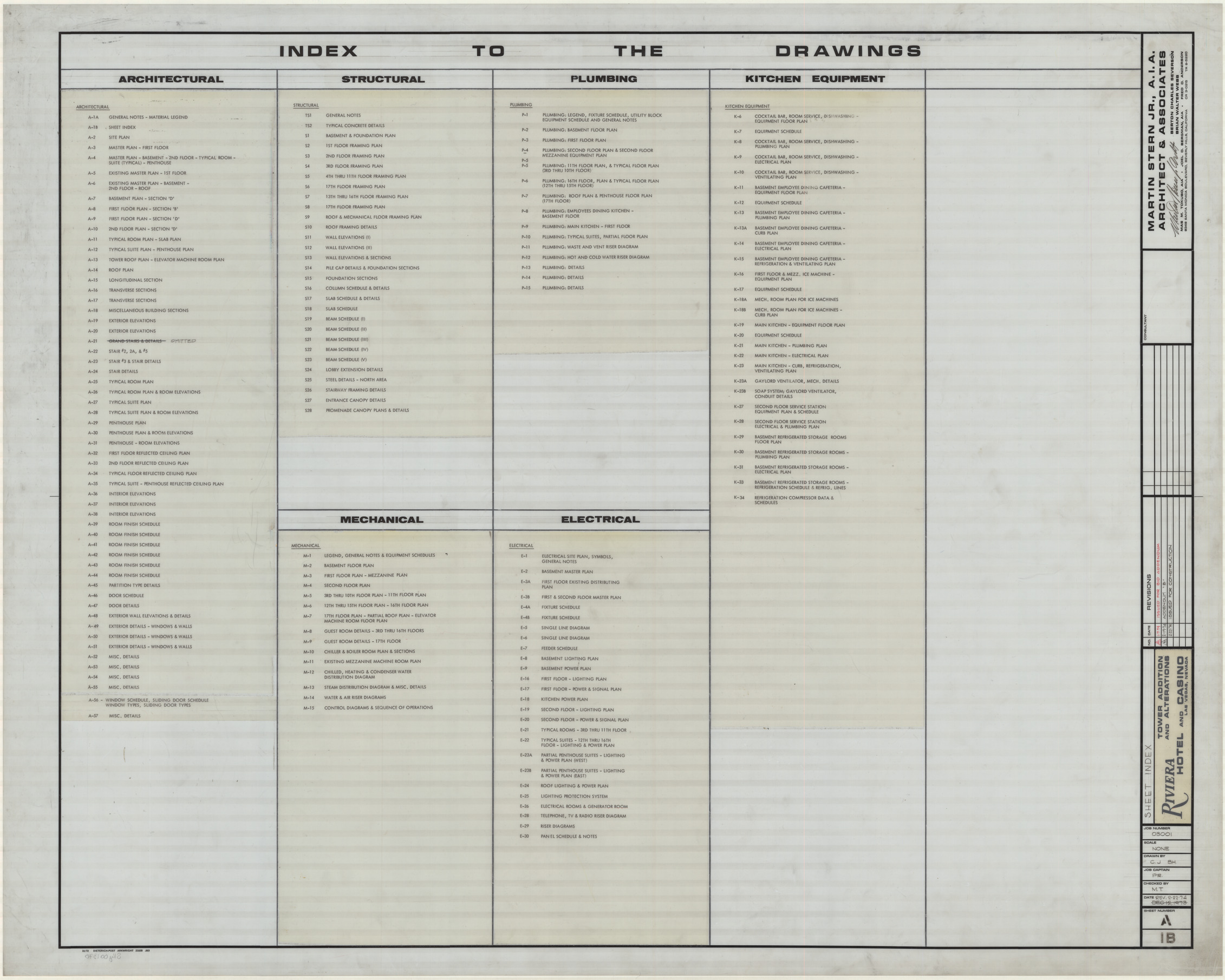 Riviera Hotel and Casino, Las Vegas, Nevada, Tower addition and alterations, 22 various sheets, July 16, 1973 and Feb. 22, 1974