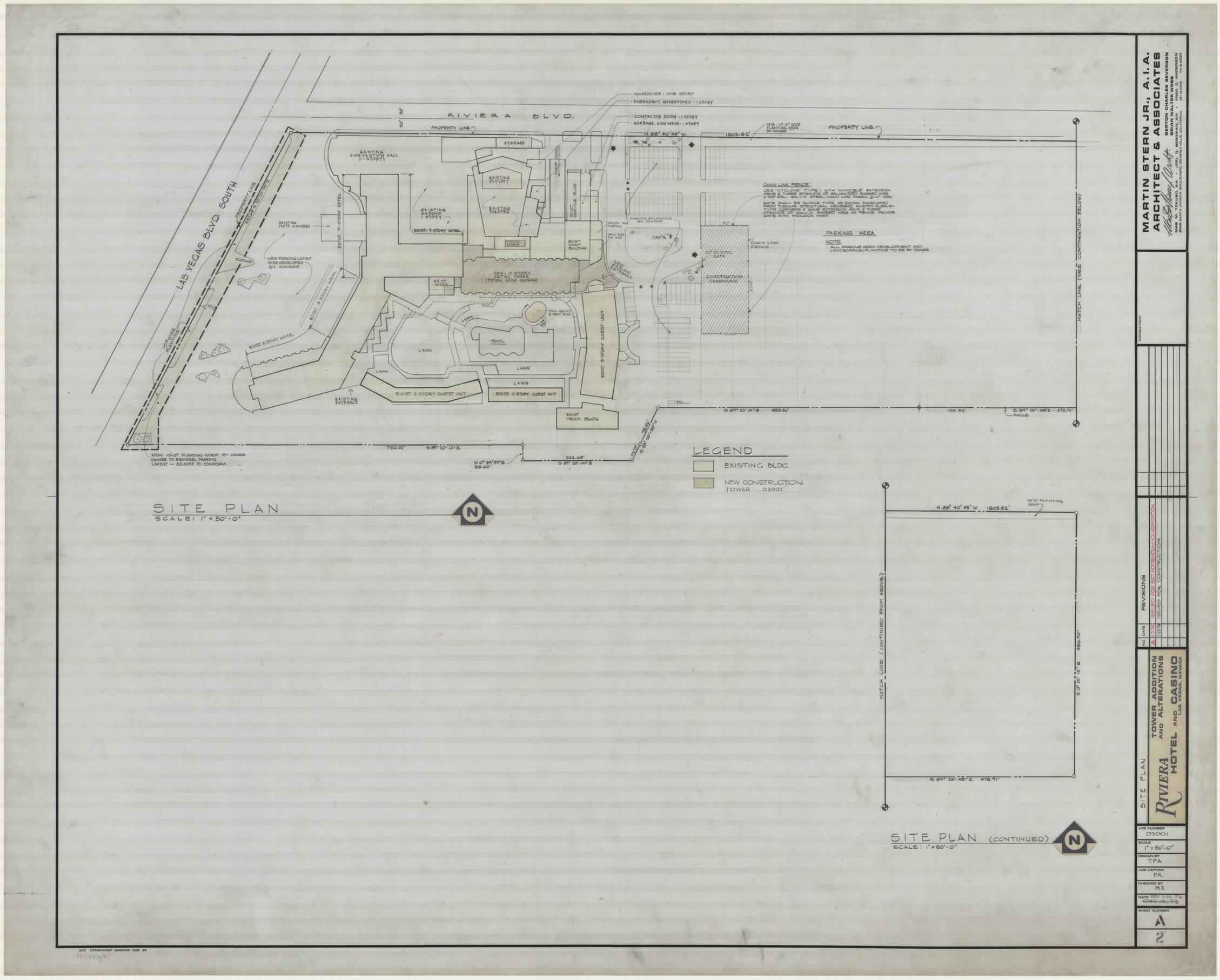 Riviera Hotel and Casino, Las Vegas, Nevada, Tower addition and alterations, 22 various sheets, July 16, 1973 and Feb. 22, 1974